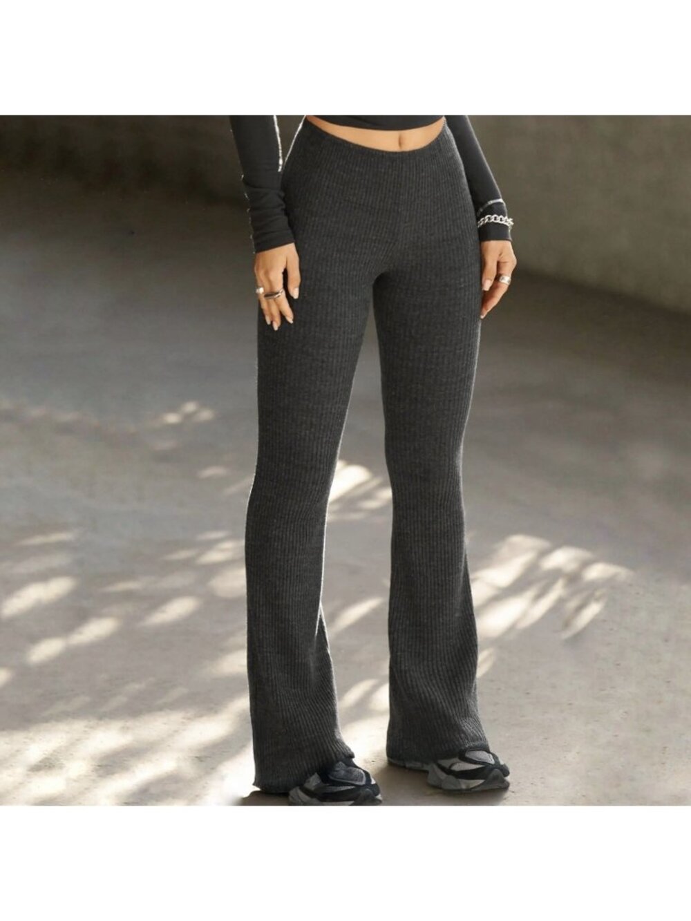 Joah Brown Gray Ribbed Bootcut Knit Pants Pull-On Lounge Women’s Size XS/S